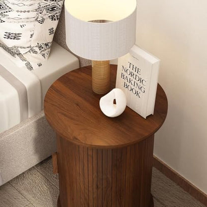 Wnutrees Round Fluted End Table, Small Accent Pedestal Side Table, Brown | Wood Nightstand with Sliding Door & 2 Tier Shelf, Bedside Unit for Living Room, Bedroom - color: Brown