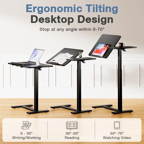 DUMOS Small Standing Desk Rolling Table Adjustable Height, Laptop Mobile Stand with Wheels, Portable Computer Workstation with Tiltable Desktop for Teacher Classroom Home Office, Black - color: Black