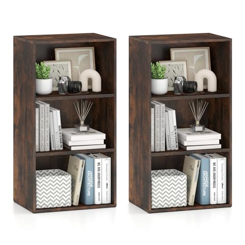 Giantex 3 Tier Bookcases Set of 2, 31.5" Bookshelf Cube Storage Organizer, Open Storage Cabinet Multi-Functional Home Office Bedroom Furniture Display Bookcases, Rustic Brown - color: Rustic Brown