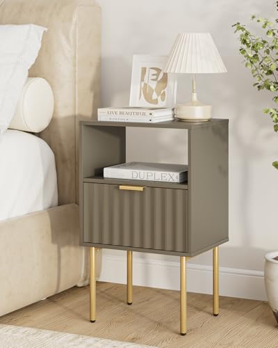 Nightstand,Modern Bedside Table with Gold Frame,Grey Night Stand,Bedside Furniture, Modern Side Table with Drawer and Shelf for Bedroom,Living Room (Grey) - color: Grey