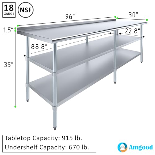 AmGood Stainless Steel Work Table with 1.5" Backsplash and 2 Shelves | Metal Kitchen Food Prep Table | NSF (96" Long x 30" Deep) - size: 96" Long x 30" Deep
