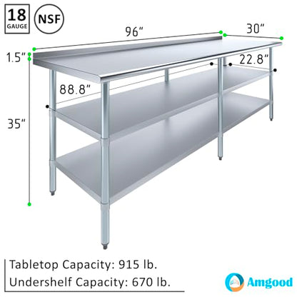 AmGood Stainless Steel Work Table with 1.5" Backsplash and 2 Shelves | Metal Kitchen Food Prep Table | NSF (96" Long x 30" Deep) - size: 96" Long x 30" Deep
