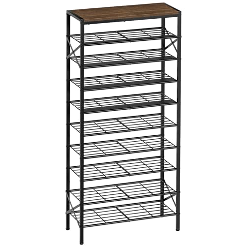 10 Tier Metal Shoe Rack with Wood Top, 30-40 Pairs Rustic Brown | 65.4in tall for max capacity. 3 iron sheets secure heels. Removable shelf for boots. Top displays decor. - color: Rustic Brown, size: 10-tier