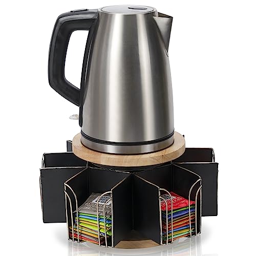 Made Easy Kit Metal Carousel Tea Bag Organizer & Kettle Stand Caddy- Modern Countertop Storage Solution for Tea Bags - Convenience for Home, Office, Kitchen (Black) - color: Black