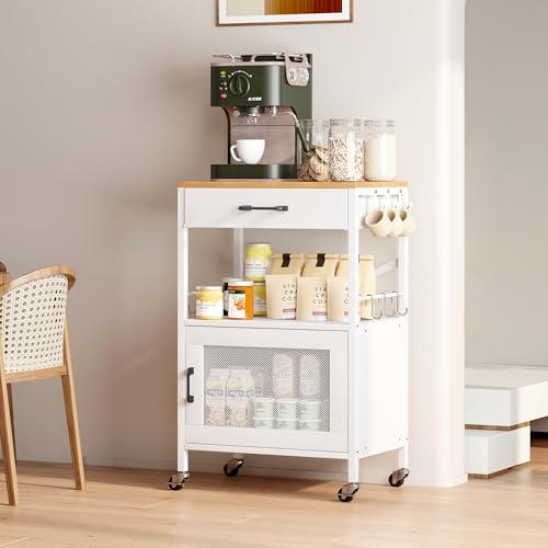 Homeiju Kitchen Island Cart, Kitchen Storage Cart with Drawer, Microwaves Stand, Coffee Cart, Rolling Kitchen Cabinet Cart with Hooks for Kitchen, Dining Room, White - color: White