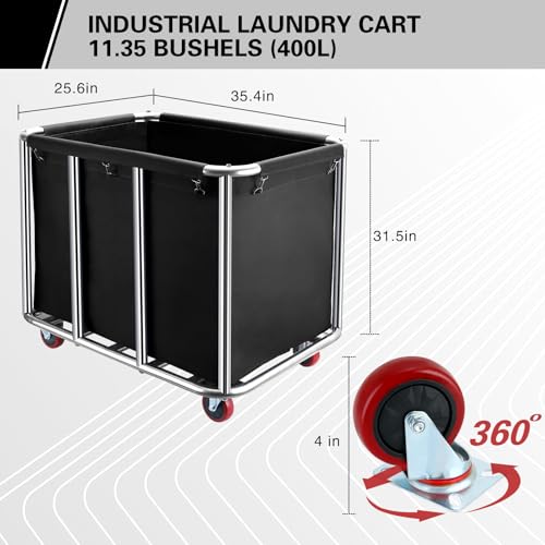 Commercial Laundry Cart with Wheels,400L Large Industrial Laundry Cart,Commercial Laundry Basket with Sturdy Stainless Steel Frame and Oxford Bag for Home Hotel Hospital 440 lbs (Black) - color: Black