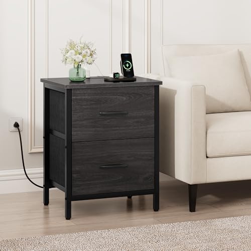 Vagusicc Nightstand with Charging Station, Bedside Table with USB Ports and Outlet, End Table Side Table with 2 Fabric Drawers for Bedroom, Living Room, Gray Walnut - color: Gray Walnut (1 Pack)