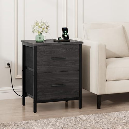 Vagusicc Nightstand with Charging Station, Bedside Table with USB Ports and Outlet, End Table Side Table with 2 Fabric Drawers for Bedroom, Living Room, Gray Walnut - color: Gray Walnut (1 Pack)