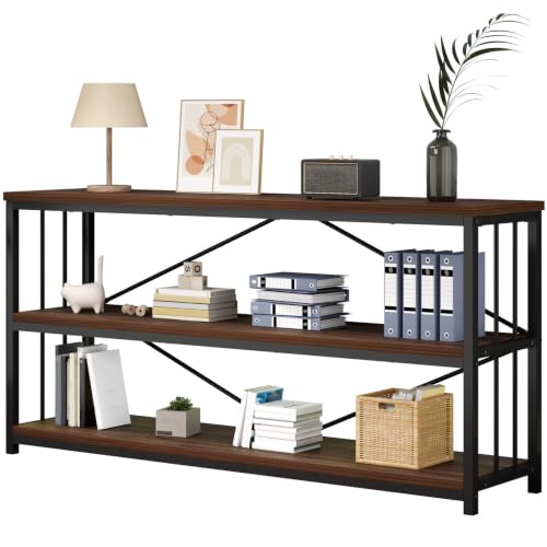 IBF Walnut Low Wide Bookcase, Vintage 63 Inch Long 3 Tier Open Book Shelf | Farmhouse Big Wood Metal Sturdy Bookshelf Display Case, Simple Large Etagere Bookshelves for Home Living Room Office Bedroom - color: Walnut, size: 63 Inch