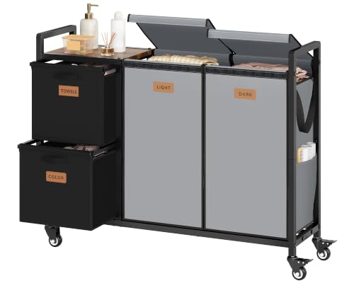 Hoctieon 4 Section Laundry Cart, 52.8 Gal. (200L) Laundry Hamper with Lid, Laundry Basket with Wheels, Rolling Laundry Sorter Organizer with Shelf, Clothes Separator with Removable Bags, Black+Gray - color: Black+Gray