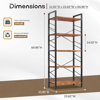 DurayLoly 2 Pieces 5 Tier Bookshelf for Narrow Space, Rustic Brown | Small Space Dwellers , Sidebars and Metal Frame - color: Rustic Brown, size: 5 Tier - 2 pcs