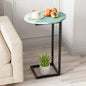 C Shaped End Side Table, Small Oval Couch Sofa Table for Bed, Snack Side Table with Metal Frame, TV Tray Table with White Marble for Small Space, Living Room, Bedroom, Bedside(Sea Blue) - color: Sea Blue+black