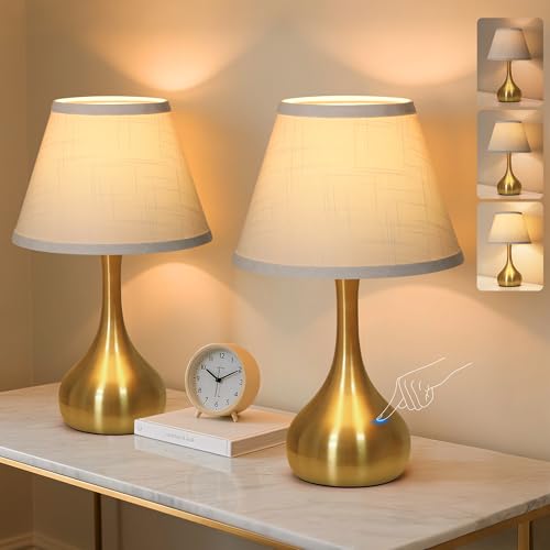Touch Table Lamp for Bedroom Set of 2, 3-Way Dimmable Bedside Lamp for Nightstand, 17” Modern Metal Desk Lamp with Linen Shade for Living Room, Kids Reading, Dorm, Home Office Decor, Bulb Included - color: Gold, size: 2 PACK