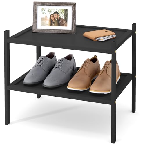 Smiry Bamboo Small Shoe Rack, 2 Tier Shoe Organizer for Closet, Black | Stackable Shoe shelf for Entryway, Free Standing Storage for Shoes, Bags & Plants, with Solid Slab Shelves - color: Black, size: 2 Tier-17.32" Wide