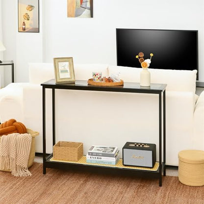 Bamboo Narrow Console Table, 39.4"(L) Wood Small Entryway Table with Rattan and Glass, Accent Slim Hallway Tables, Thin Sofa Side Tables for Hallway, Living Room, Bedroom, Foyer, Black - color: Black 39.4"(l)