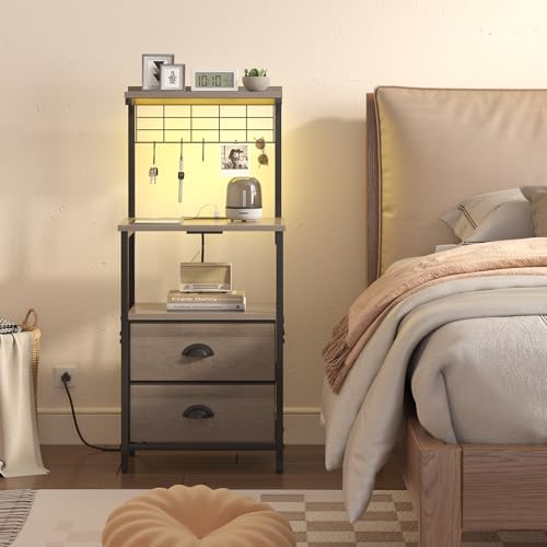 sthmec Tall Nightstands with Charging Station, LED Night Stand Bedsides with 2 Drawers Fabric, Hooks,USB Port and Open Storage Shelves,Tall End Table Bedside for Bedroom,Office, Grey - color: Grey, style: 2 Drawers