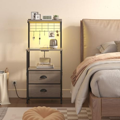 sthmec Tall Nightstands with Charging Station, LED Night Stand Bedsides with 2 Drawers Fabric, Hooks,USB Port and Open Storage Shelves,Tall End Table Bedside for Bedroom,Office, Grey - color: Grey, style: 2 Drawers