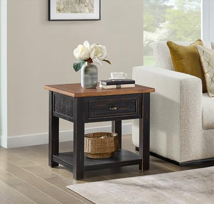 Monterey Farmhouse Rustic End Table, Solid Pine Wood Coastal Side Table with Drawer and Shelf. Black and Honey. | Farmhouse Rustic, Coastal Side Table, Drawer and Storage Shelf - color: Black and Honey
