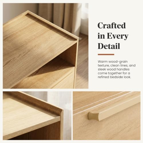 26 Inch Tall Natural Oak Nightstand with Charging Station, 2 Drawers | 24 inch wide, 16 inch deep design with raised-edge tray top, open shelf, hidden storage, and a lighter bedside feel - color: Natural Oak