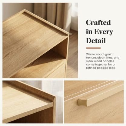 26 Inch Tall Natural Oak Nightstand with Charging Station, 2 Drawers | 24 inch wide, 16 inch deep design with raised-edge tray top, open shelf, hidden storage, and a lighter bedside feel - color: Natural Oak