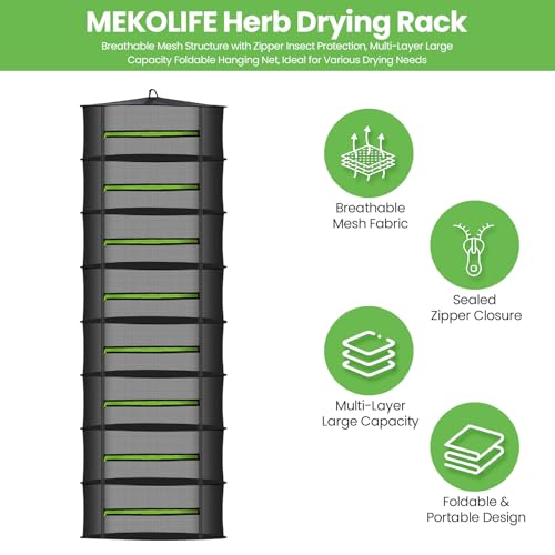 MEKOLIFE 8-Layer Herb Drying Rack Hanging, Large Capacity Mesh Net | 23.62 Inch with Zipper, S-Hooks and Bonus Garden Pruning Shears, for Herbs, Flowers, Plants, Indoor and Outdoor Use - size: 8 Layers