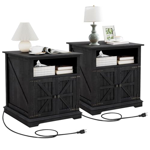 MUUEGM Black End Table Living Room Set of 2 Large Farmhouse Nightstand Sofa Side Table with Charging Station Rustic Wood Square Bedside with Barn Door Rustic Wood with Storage for Living Room,Bedroom - color: Matte Set 2