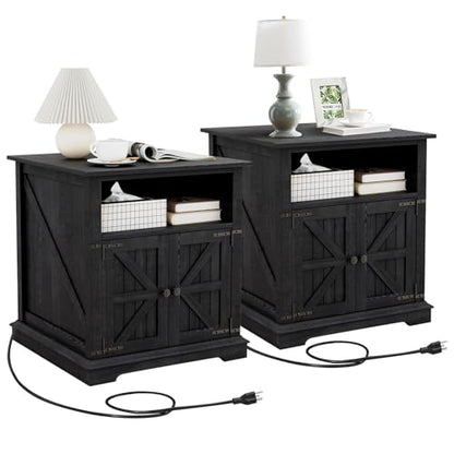 MUUEGM Black End Table Living Room Set of 2 Large Farmhouse Nightstand Sofa Side Table with Charging Station Rustic Wood Square Bedside with Barn Door Rustic Wood with Storage for Living Room,Bedroom - color: Matte Set 2