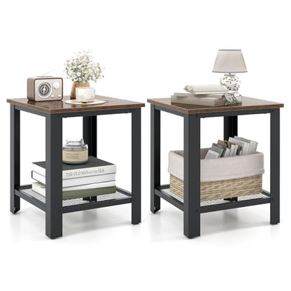 Giantex 2-Tier End Table Set of 2, 16 Inch Small Side Table w/Mesh Storage Shelf, Industrial Telephone Table with Heavy-Duty Metal Frame, Square Sofa Table for Small Space Living Room, Rustic Brown