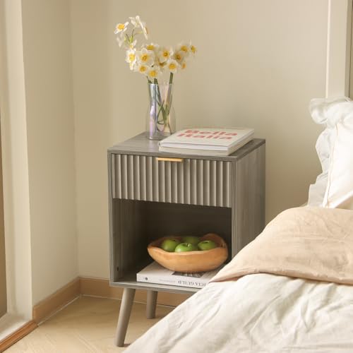 Fultyle Mid Century Modern Nightstand, Wood Bedside Table with Drawer and Open Storage, End Table Living Room Fluted Night Stand with Solid Wood Legs for Bedroom (Grey) - color: Grey