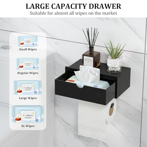 Domax Black Toilet Paper Holder with Shelf,Wall Mount/Adhesive Bathroom Toilet Paper Holder,Bamboo Wood Tissue Toilet Roll Holder with Storage Drawer for Organizer Wipes,Fits Any Room, Large - color: Black