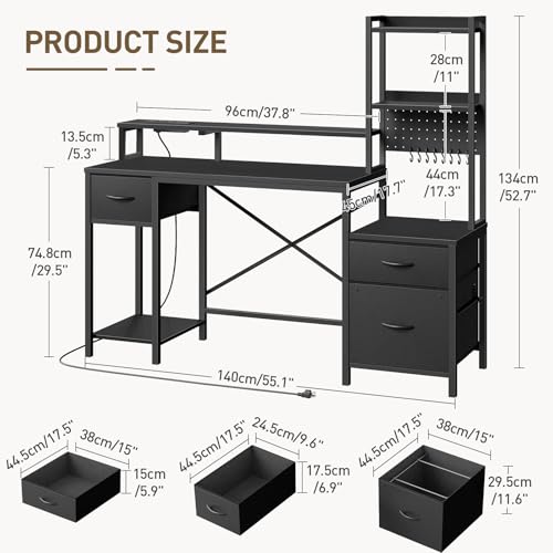 RALGEND 55" Gaming Desk with Power Outlet & LED Light, Computer Desk with Fabric Drawers, Storage Shelves & Monitor Stand, Industrial Gaming Table with Side Hook, Black