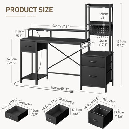 RALGEND 55" Gaming Desk with Power Outlet & LED Light, Computer Desk with Fabric Drawers, Storage Shelves & Monitor Stand, Industrial Gaming Table with Side Hook, Black