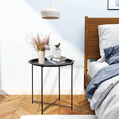 Garden 4 you End Table Metal Side Table Black Round Folding Tray Cyan Sofa Small Accent Fold-able Table, Round End Table Tray, Next to Sofa Table, Snack Table for Living Room and Bed Room - color: Black