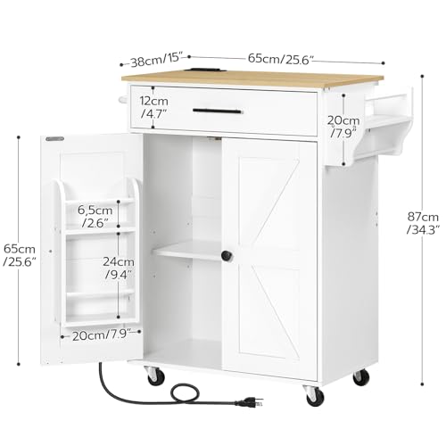 HOOBRO Kitchen Island with Power Outlet, Rolling Kitchen Island with Large Worktop, Kitchen Island Cart with Spice Rack and Drawer, Island Table for Dining Room, White and Natural WN88UZD01 - color: Natural + White