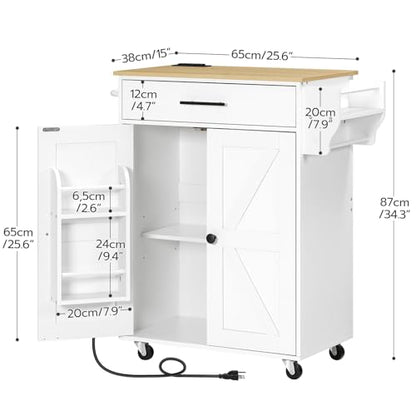 HOOBRO Kitchen Island with Power Outlet, Rolling Kitchen Island with Large Worktop, Kitchen Island Cart with Spice Rack and Drawer, Island Table for Dining Room, White and Natural WN88UZD01 - color: Natural + White