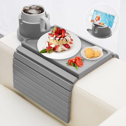 Couch Cup Holder - 3 in 1 Couch Arm Table Tray with 360° Rotating Cup Holder for Couch,Anti-Slip Arm Chair Rest Table for Large Wide Sofa Armrest, Foldable Side Table for Drinks Snacks - color: Gray