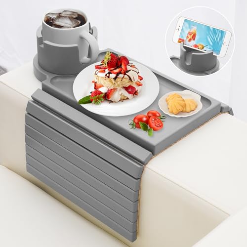 Couch Cup Holder - 3 in 1 Couch Arm Table Tray with 360° Rotating Cup Holder for Couch,Anti-Slip Arm Chair Rest Table for Large Wide Sofa Armrest, Foldable Side Table for Drinks Snacks - color: Gray