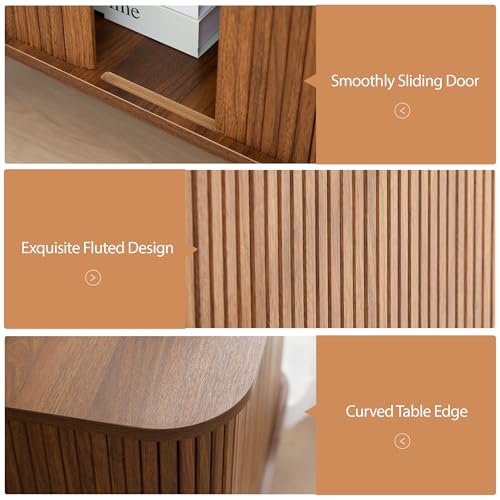 AVZEAR 24" Large Square End Table with Charging Station, Farmhouse Fluted Sofa Side Table with Sliding Tambour Door & Storage, Curved Rustic Wood Nightstand for Living Room, Bedroom, Walnut - color: Walnut