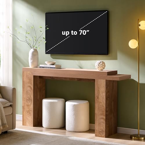 OKD 63" Modern Geometric Console Table with Layered Top, Light Tree Knot | Extended Layered Top, Sturdy Support Legs, Entryway, Hallway, Foyer, Living room, Behind Sofa - color: Light Tree Knot