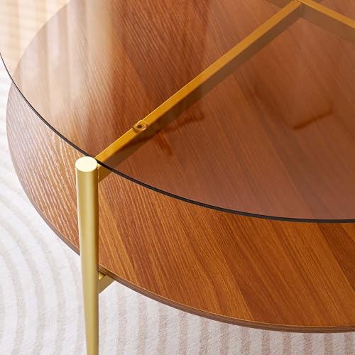 LumFurn Extra Large Round Coffee Table, Mid-Century Modern Design, D34 x H17 in, for Living Room, 2-Tier Structure, Amber Glass Top and Walnut MDF Shelf, Sleek Conical Metal Legs with Gold Finish - color: Amber & Walnut, size: D34" Round Coffee Table