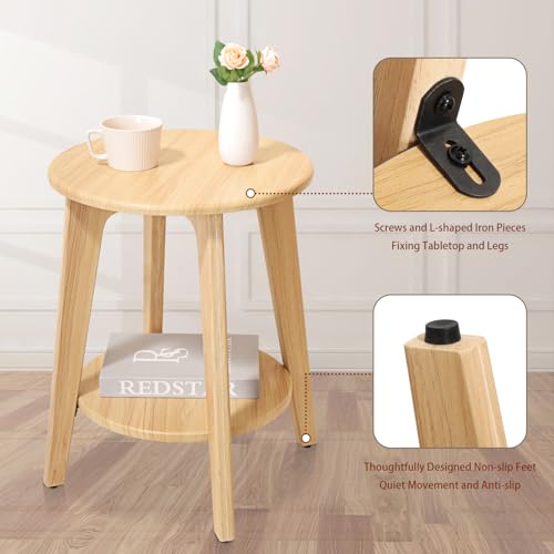 End Table Small Round Side Table with 2 Storage Shelves Walnut End Tables Accent Sofa Bedside Table Modern Night Stand for Living Room Bedroom Small Spaces - color: Beige