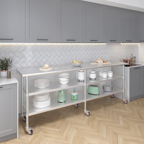 AmGood Stainless Steel Work Table with 2 Shelves and Casters | Metal Utility Table On Wheels (Stainless Steel, 96" Long x 24" Deep) - size: 96" Long x 24" Deep