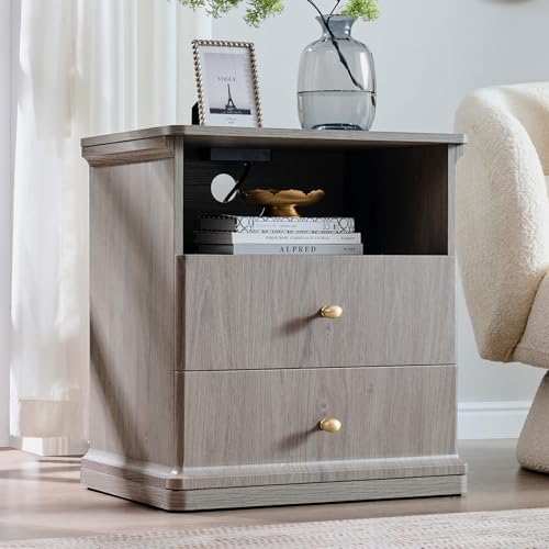 23.6" Tall Modern Nightstand with Charging Station, Wood Bedside Table w/2 Storage Drawers & Open Shelf, Mid Century Night Stand for Bedroom, Curved Waterfall Edge, Metal Handle, Light Grey - color: Light Grey, size: 2 Drawers