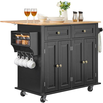 VEVOR Kitchen Island Cart, 35" Wood Top Mobile Carts with Storage Cabinet, Rolling Table with Drop Leaf, Spice Rack, Towel Bar, Adjustable Shelf, Drawer, and Hooks, Portable Islands on Wheels, Black - size: 35.4" W Drop Leaf, style: 2 Drawers & 4 Doors