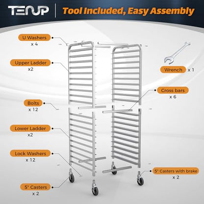 TenUp 20-Tier NSF Aluminum Sheet Pan Rack, Commercial Bakery Cooling & Storage Cart with Wheels, Heavy-Duty Bun Rack – 26" L x 20" W x 69" H - size: Full Size 20-Tier