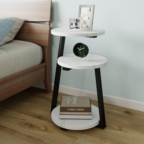 3-Tier Round End Table, Faux Marble Top Side Table with Sturdy Metal Legs, Modern Nightstand for Living Room, Bedroom, Small Spaces (Black) - color: Black