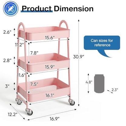 DUMOS 3 Tiers Metal Rolling Utility Cart with Lockable Wheels, Mobile Storage Organizer, Utility Shelving Unit for Kitchen, Office, Bathroom, Laundry, Narrow Places, Pink - color: 3 Tiers Pink