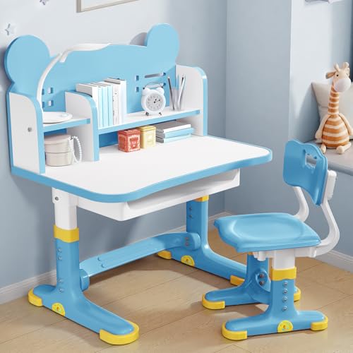 Kids Desk and Chair Set, Height Adjustable Child's School Study Writing Tables, Kids Desk with Bookstand and Storage Drawer, Widened Desktop with Desktop for Boys and Girls (Blue-F) - color: Blue-f