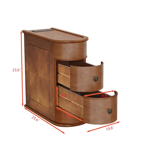 Multifunctional Classic End Table with Charging Station, Sofa Side Narrow Table Bedside Nightstand with Drawers, No Assembly Required - color: Walnut-6.26