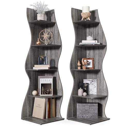 LITTLE TREE 70-Inch Corner Shelf, Seaweed Shaped Etagere Display Bookshelf, Freestanding 5-Tier Wall Shelves for Small Spaces, Living Room, Bedroom, Grey, 2 Pack - color: Grey, size: 2 Pack